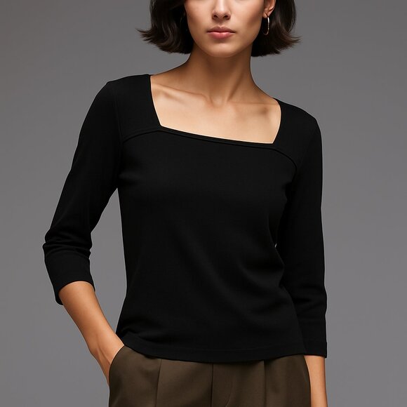 Anne Klein Sport Square Neck 3/4 Sleeve Stretch Knit Top Black Women’s L - Picture 1 of 13